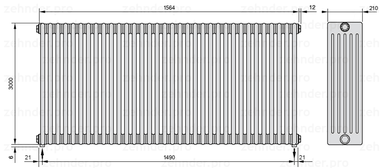 Схема (чертеж) Радиатор Zehnder Charleston 6300/34 №3570 Белый глянцевый RAL 9016